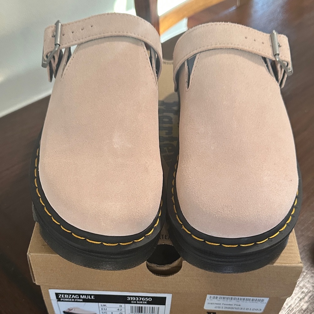 Dr. Martens Pink Suede ZeebaG Mule with Yellow Stitching
